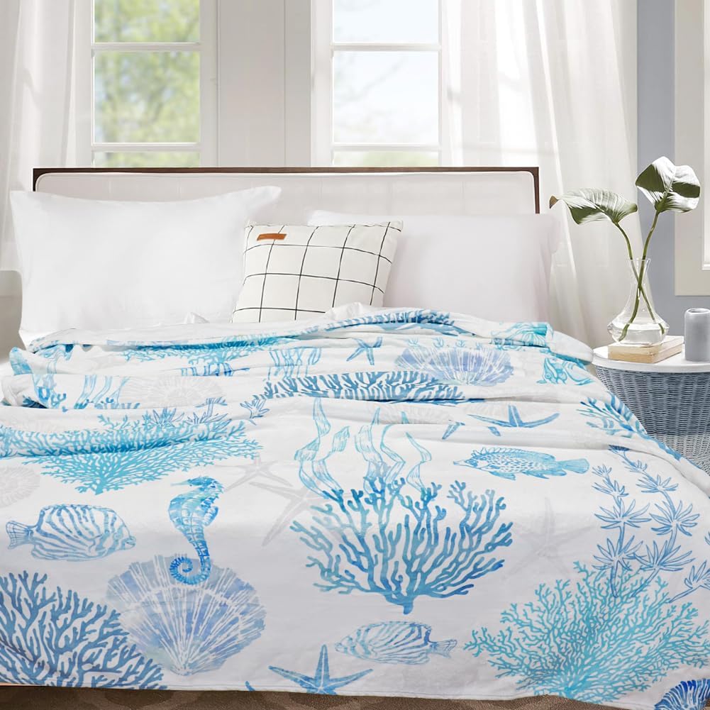 Blue Ocean Beach Throw Blanket Nautical Coastal Bed Blanket Starfish Seashell Coral Blankets Super Soft Flannel Fleece Throw Blanket for Couch Bed Decor “60 x80”