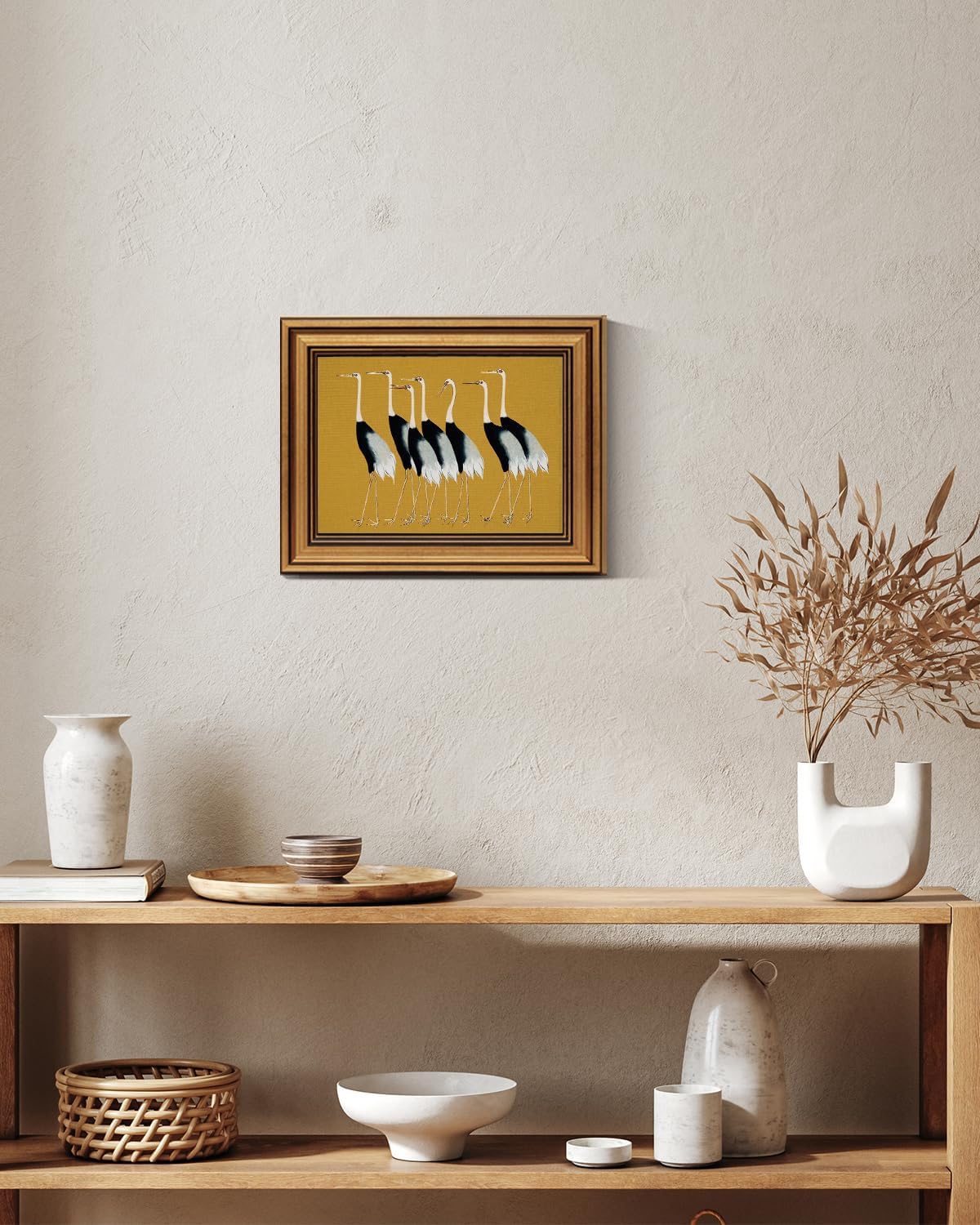 HUARCEY Gold Framed Vintage Wall Art for Living Room, Animals Painting Prints Shelf Decor for Kitchen, Aesthetic Bedroom Wall Art Decor, Christmas Gifts for Friends or Family (Seven Cranes - 8"x10")