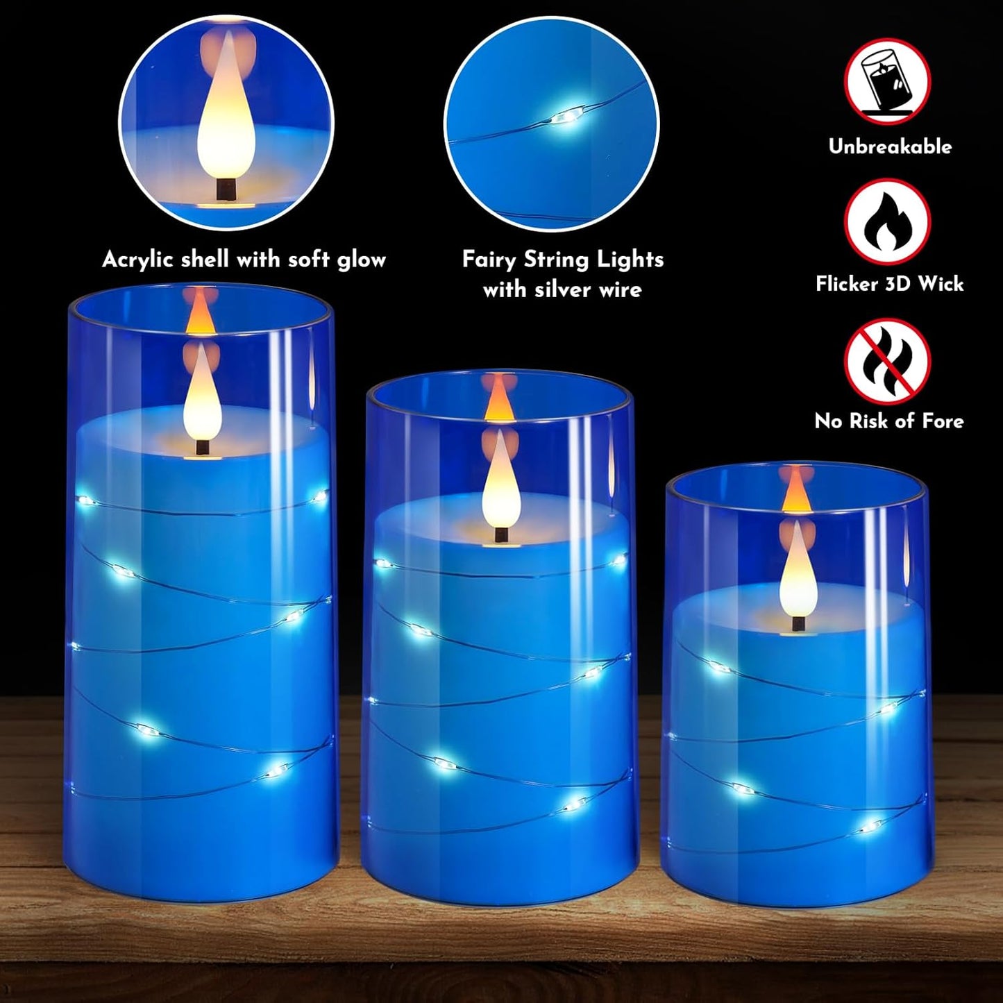 NURADA Flickering Flameless Candles: 3D Wick Built-in Star String Lights Acrylic Unbreakable Battery Operated LED Pillar Candles with Remote and Timer - 3 Pack for Wedding Valentine's Day Decor