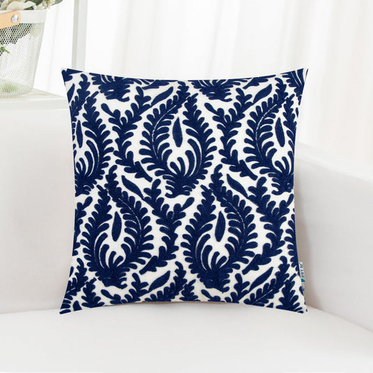 HWY 50 Navy Blue Decorative Throw Pillow Covers 18x18 Inch (1 Piece), Embroidered Cotton Farmhouse Cushion Cover Pillow Case for Sofa Couch Living Room Bed Bedroon, Floral Branches