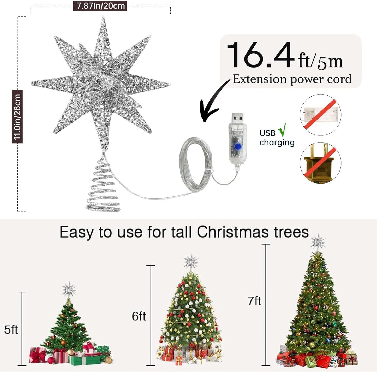 Christmas Star Tree Topper, 3D Geometric Star Decorative Treetop with Colorful 50 LED Light Beads for Home Holiday Xmas Tradition, Timer Function, Silver