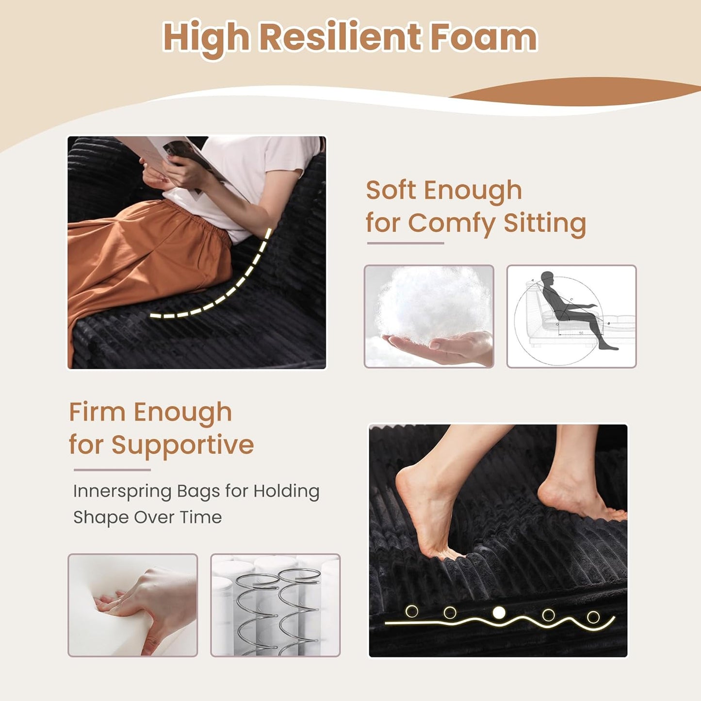 HOOOWOOO Cloud Sectional Couches for Living Room,Modular Sectional Sofa No Assembly,165X110 Inch Plush Corduroy Large U Shaped Floor Couch Set with Deep Seat Chaise Lounge(Black)