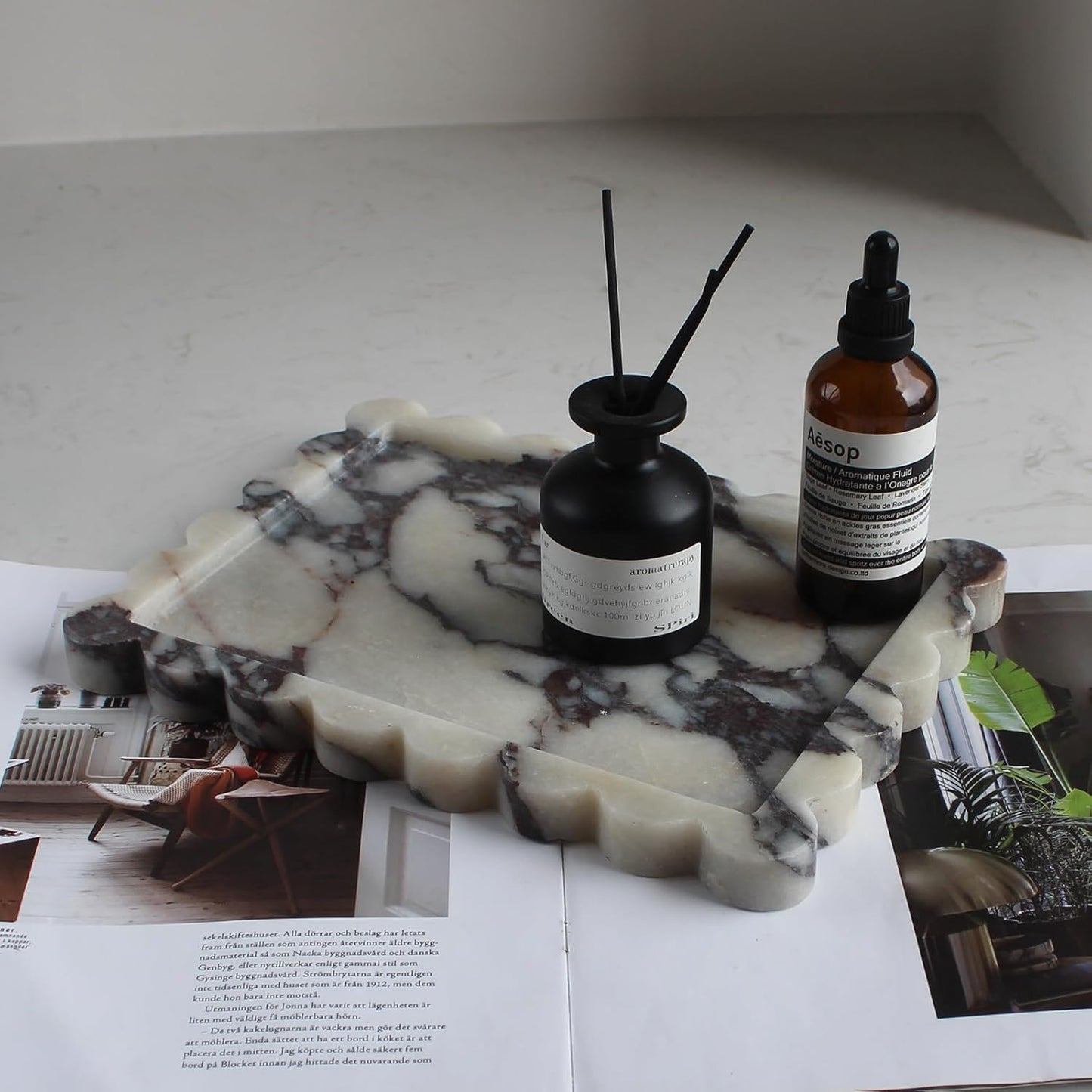 Natural Luxury Scalloped Marble Tray 10.8"x8", Rectangle Vanity Tray for Bathroom Kitchen Counter, Decorative Tray for Dresser Home Decor (calacutta Purple)