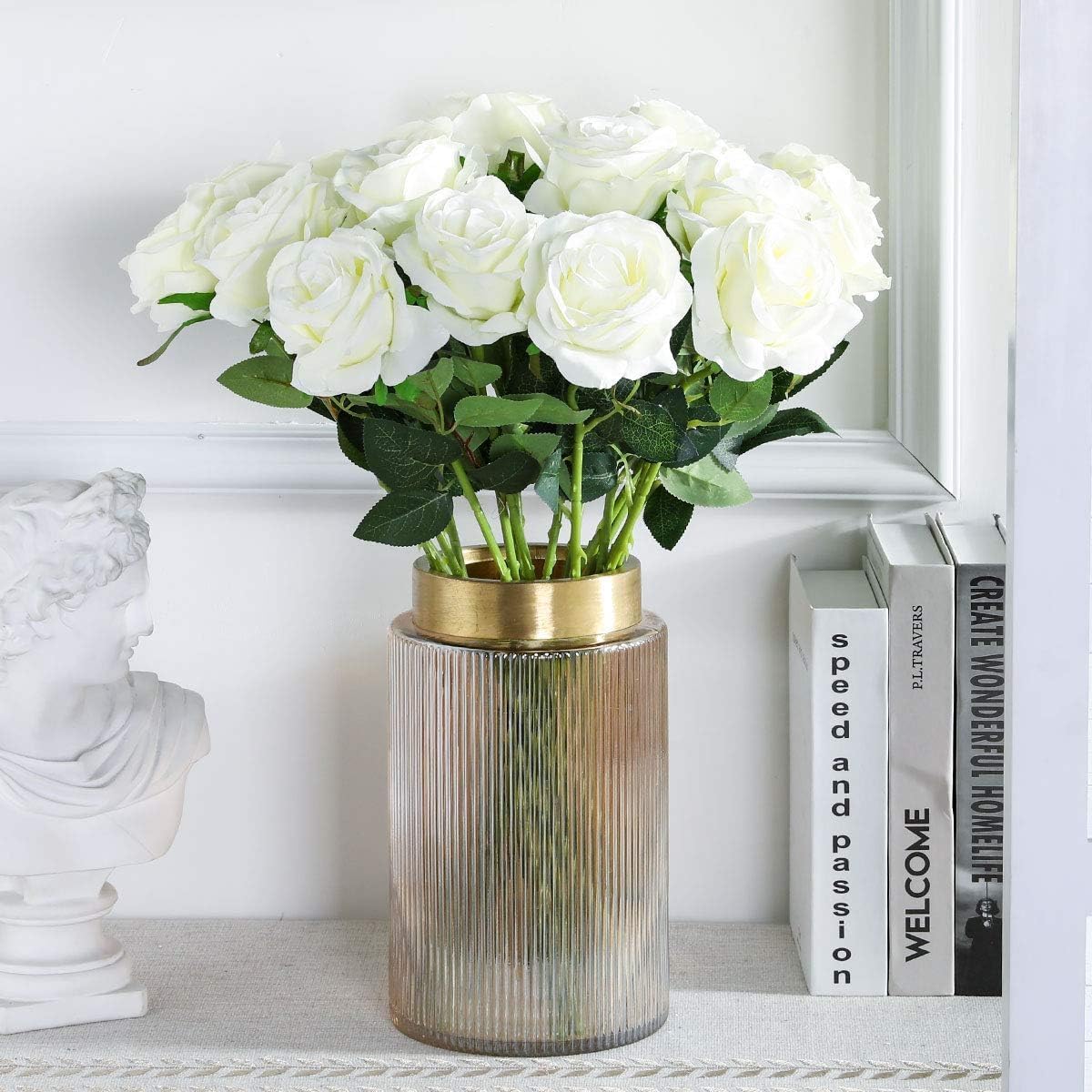 White Fake Roses Artificial Flowers - 16 Pcs Fake Artificial Roses Silk Flowers with Stems for Home Wedding Hotel Office Centerpiece Decor