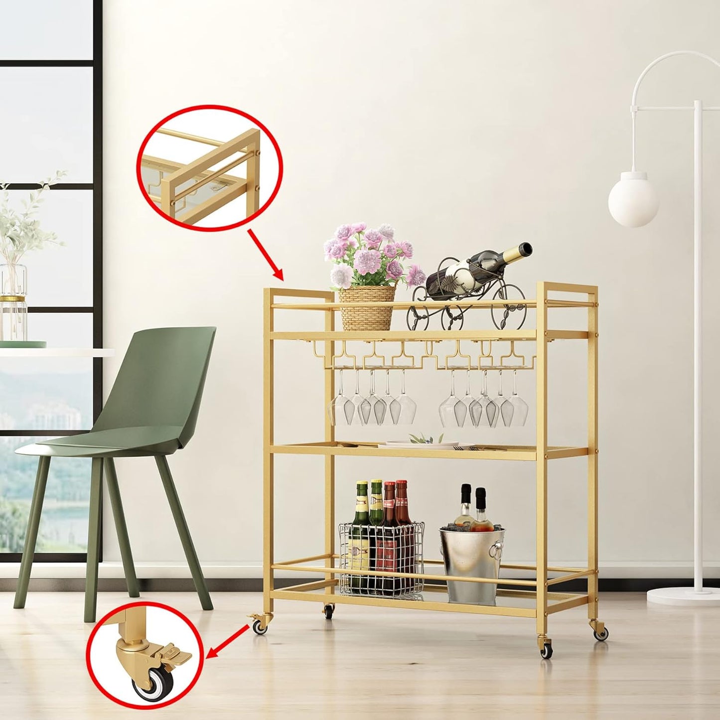 Glass Gold Bar Carts for Home with Hanging Wine Rack - Home Bar Serving Cart with 3 Mirrored Shelves, Kitchen Bar Carts, Wine Cart for Entertaining, Club Party.