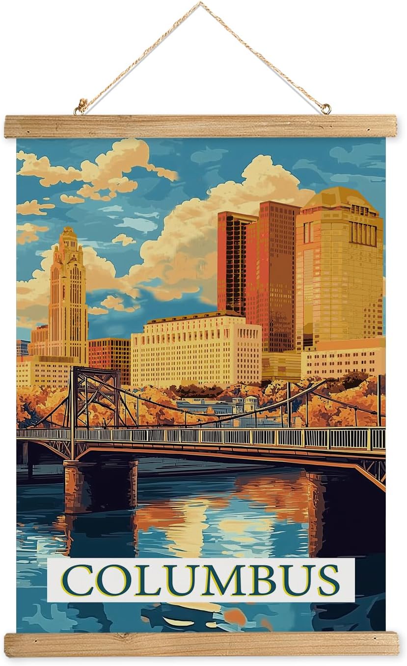 WREVERW Vintage Columbus Poster Canvas Print with Wooden Hanger Frame, Featuring Scioto River Bridge and Iconic LeVeque Tower, Wall Art for Home and Office Decor, 16x23 inches