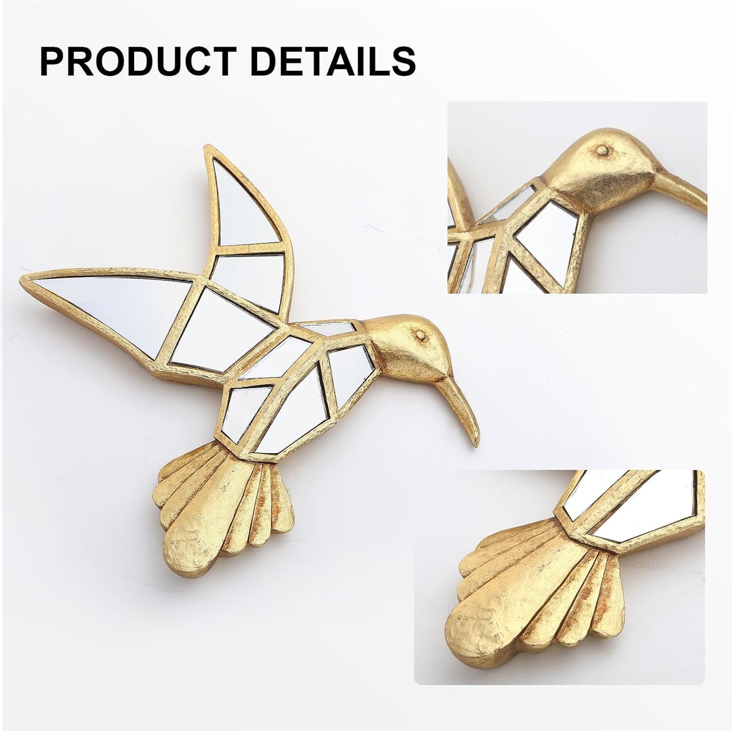 Vintage Wall Sculpture Animals Gold Bird Mirrors - Gold Resin Hummingbird and Glass Wall Decor, Perfect for Victorian and European Themed Homes