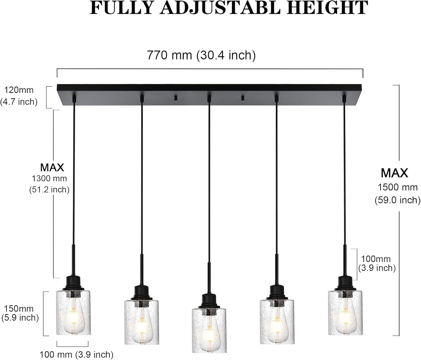 Black Chandelier 5 Light Dining Room Lighting Fixtures Hanging Linear Pendant Lights Industrial Modern Chandelier with Seeded Glass for Kitchen Island Living Room Bedroom Foyer Hall Entryway