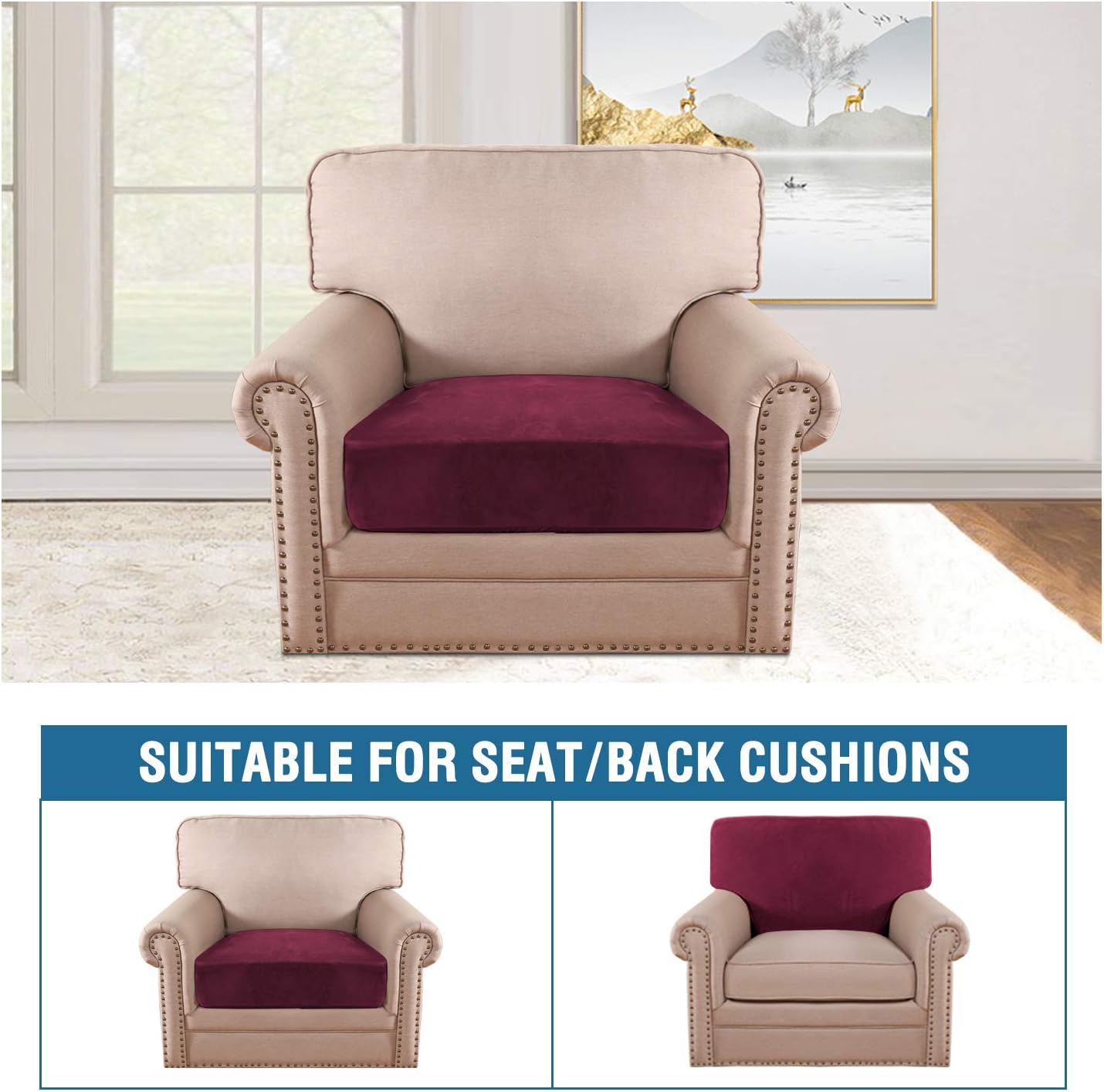 H.VERSAILTEX Velvet Stretch Couch Cushion Cover Plush Cushion Slipcover for Chair Cushion Furniture Protector Seat Cushion Sofa Cover (1 Piece Armchair Cushion Covers, Burgundy)