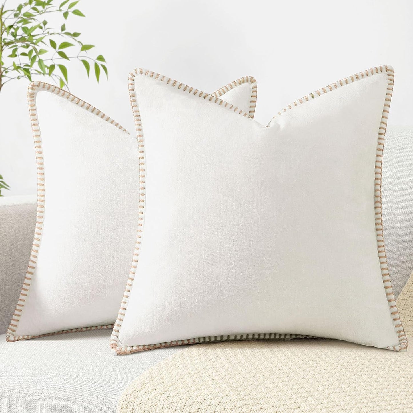 decorUhome Chenille Soft Throw Pillow Covers 24x24 Set of 2, Farmhouse Velvet Neutral Decorative Euro Pillow Covers with Stitched Edge for Couch Sofa Bed Home Decor, Cream White
