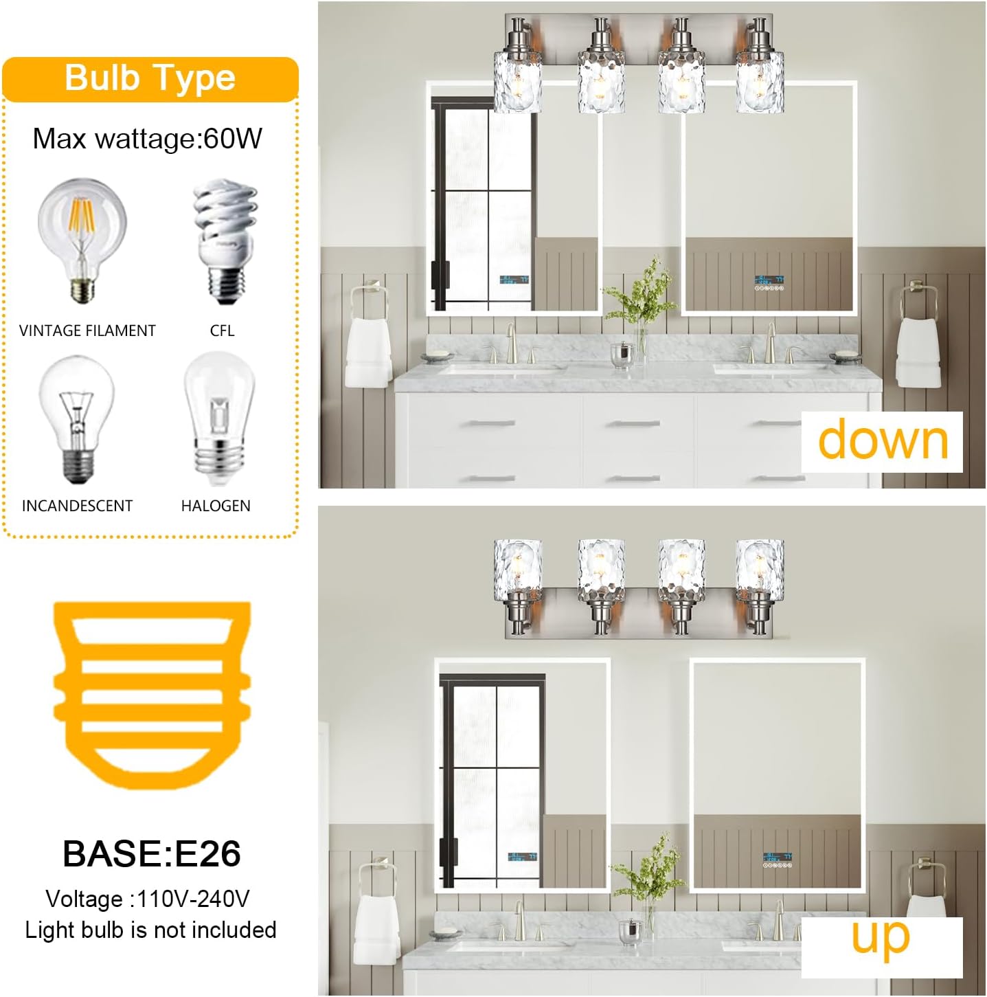 BONLICHT 4-Light Bathroom Vanity Light Fixture Brushed Nickel Industrial Wall Sconce Lighting with Hammered Glass Shade for Living Room Bedroom Hallway Porch Workshop Dressing Table