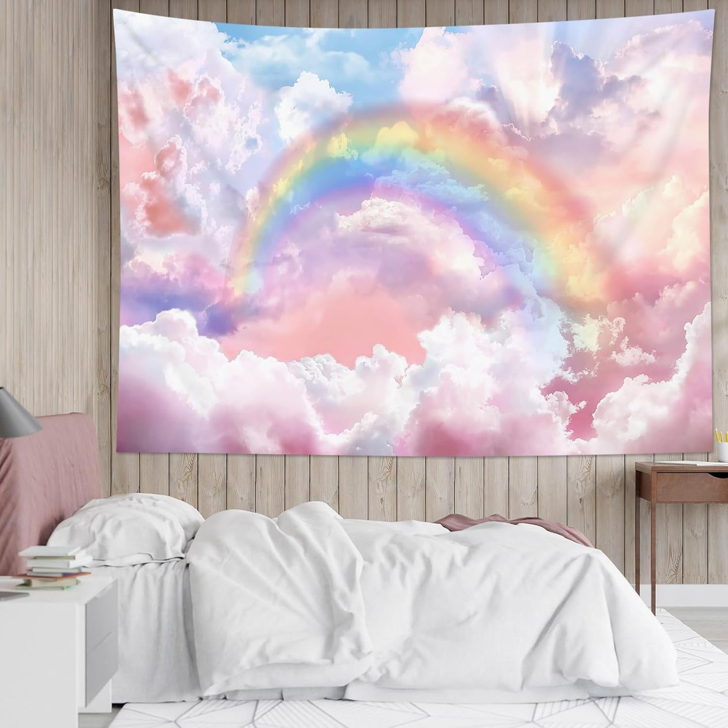 HVEST Rainbow Cloud Tapestry Wall Hanging, Rainbow and Pink Cloud with Glow Sunshine in Pastel Sky Tapestry, Aesthetic Nature Landscape Tapestry for Living Room Bedroom Aesthetic Decor, 36L x 48W Inches