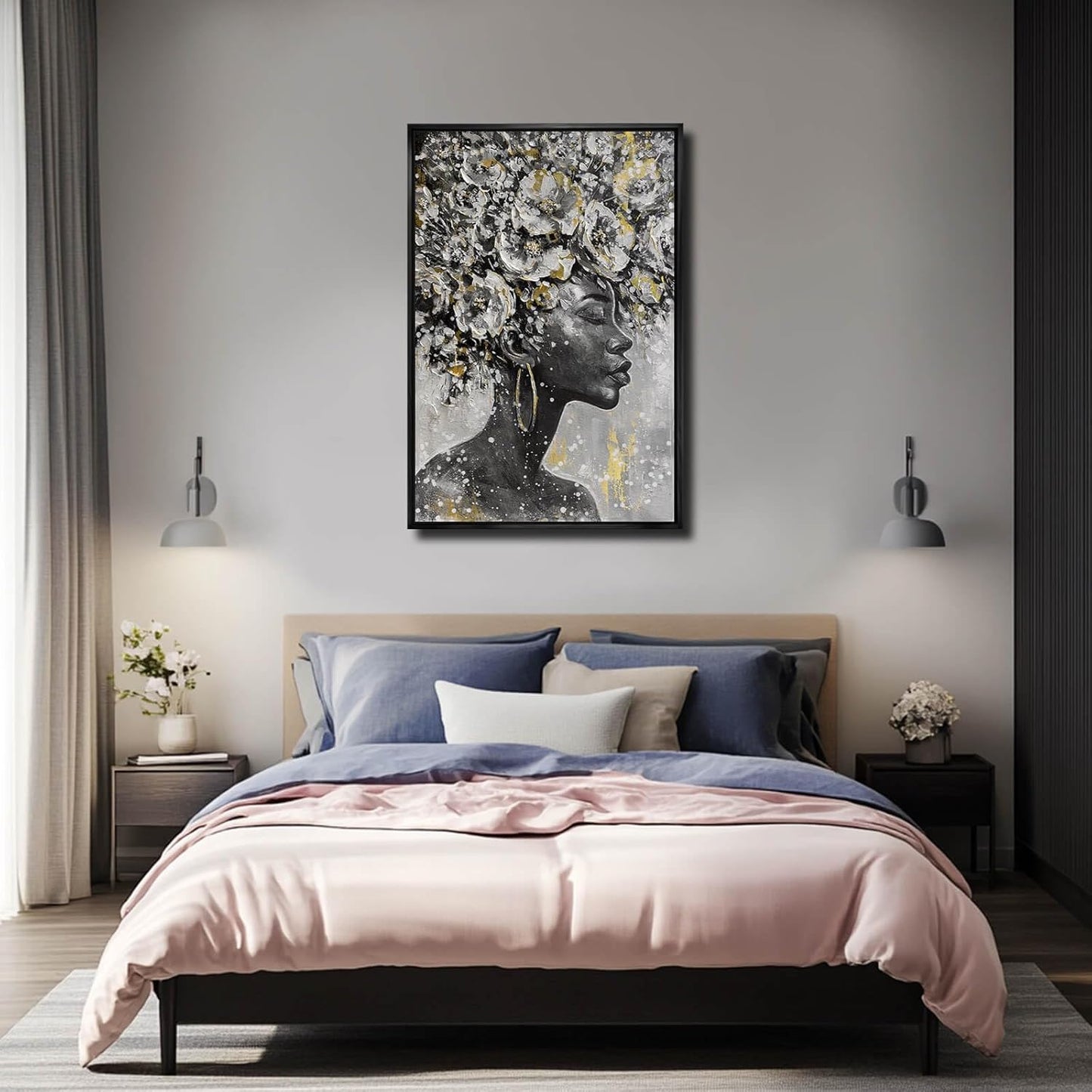 MLART99 Gold African American Wall Art Black Woman Wall Decor with Frame Vertical Floral Canvas Painting Modern Print Bedroom Living Room Decor 24x36 Inch