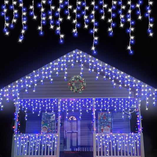 800 LED Icicle Lights Blue and White