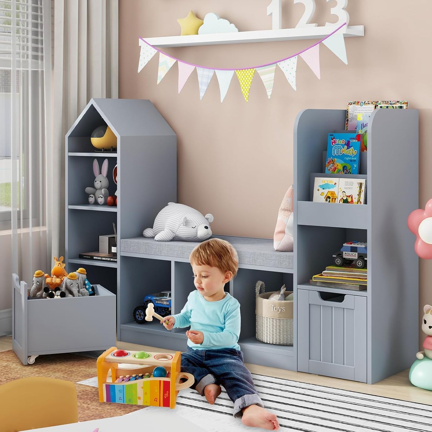 Vabches Toy Storage Organizer for Kids Bookshelf with Reading Nook, Multifunctional Bookcase with 7 Storage Cubbies, 2 Movable Drawers and Seat Cushion for Keeping Kids' Toys Books Organized, Grey