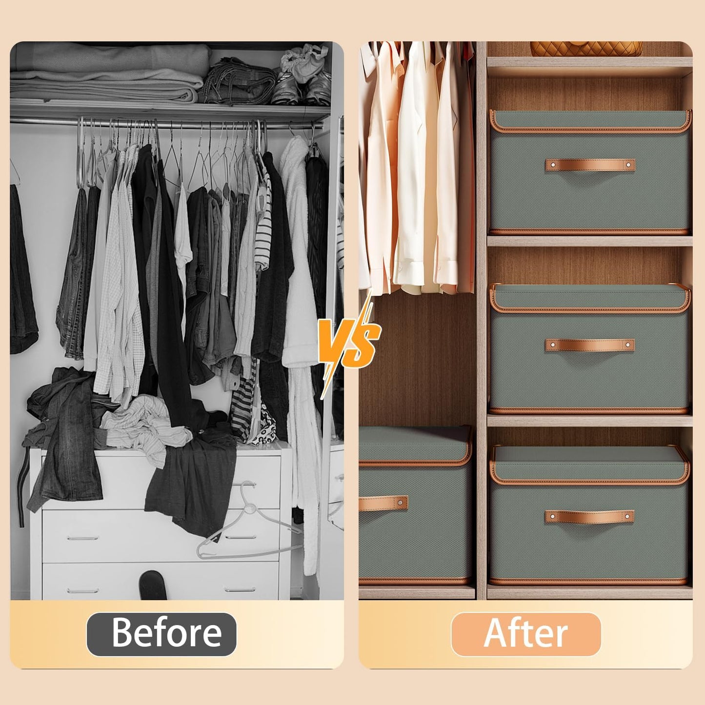 Tuza 2 Pack Storage Bins with Lids, Collapsible Closet Organizer Container, Fabric Organizer Box with Handles, Decorative Storage Boxes with Lids for Organizing Clothes, Blanket, Grey, Medium