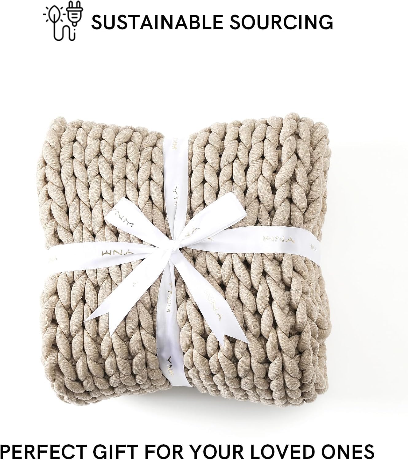 YnM Chunky Throw Blanket, Medium-Weight, Hand Knitted, Skin Friendly, Ventilated and Breathable, Machine Washable, Home Décor Piece for Couch, Sofa and Bed (Beige, 50x70 Inch)