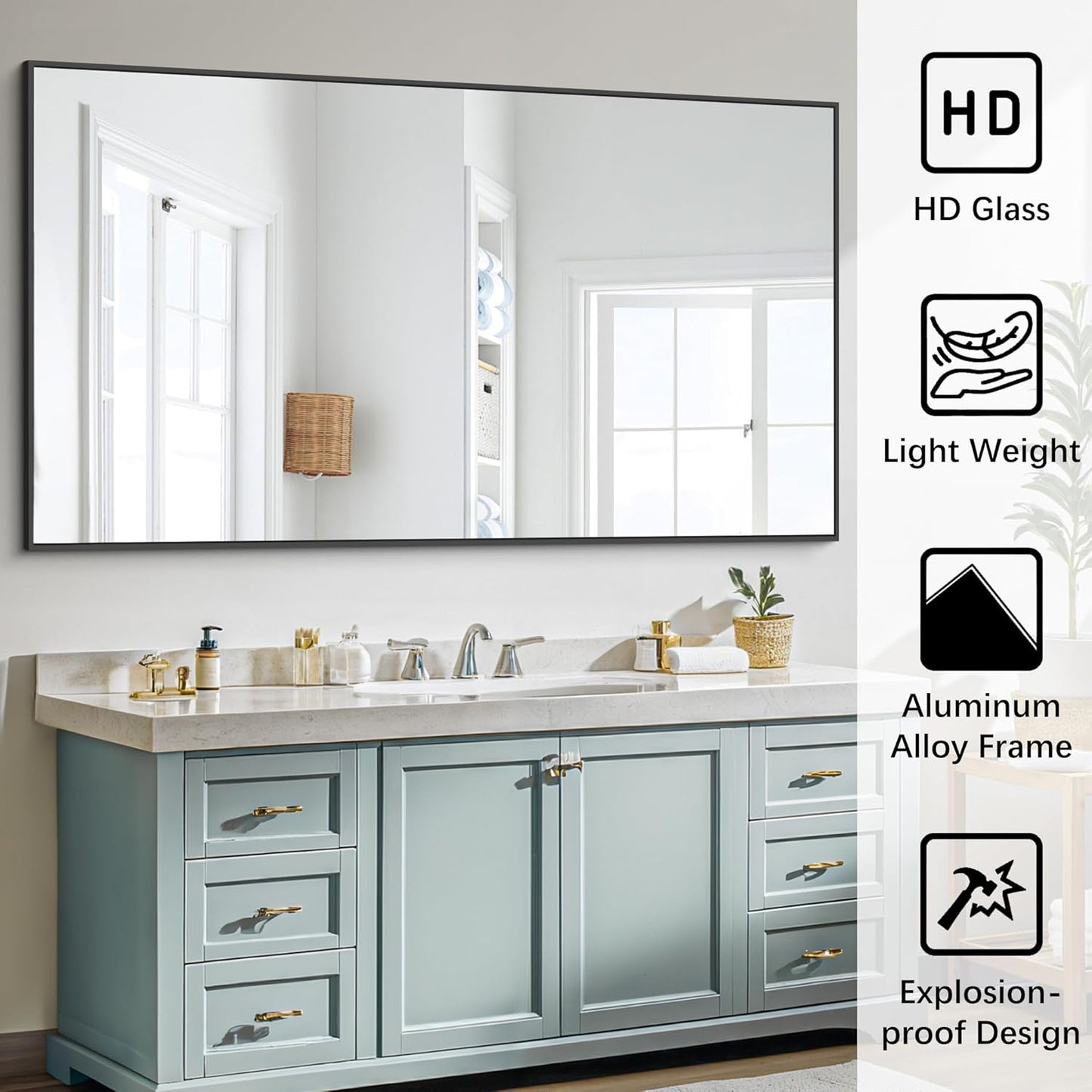 Black Bathroom Mirror for Wall, 30x48 Inch Rectangle Mirrors with Metal Frame, Modern Vanity Wall Mirror Decor for Bathroom Living Room, Entryway Hangs Horizontal or Vertical