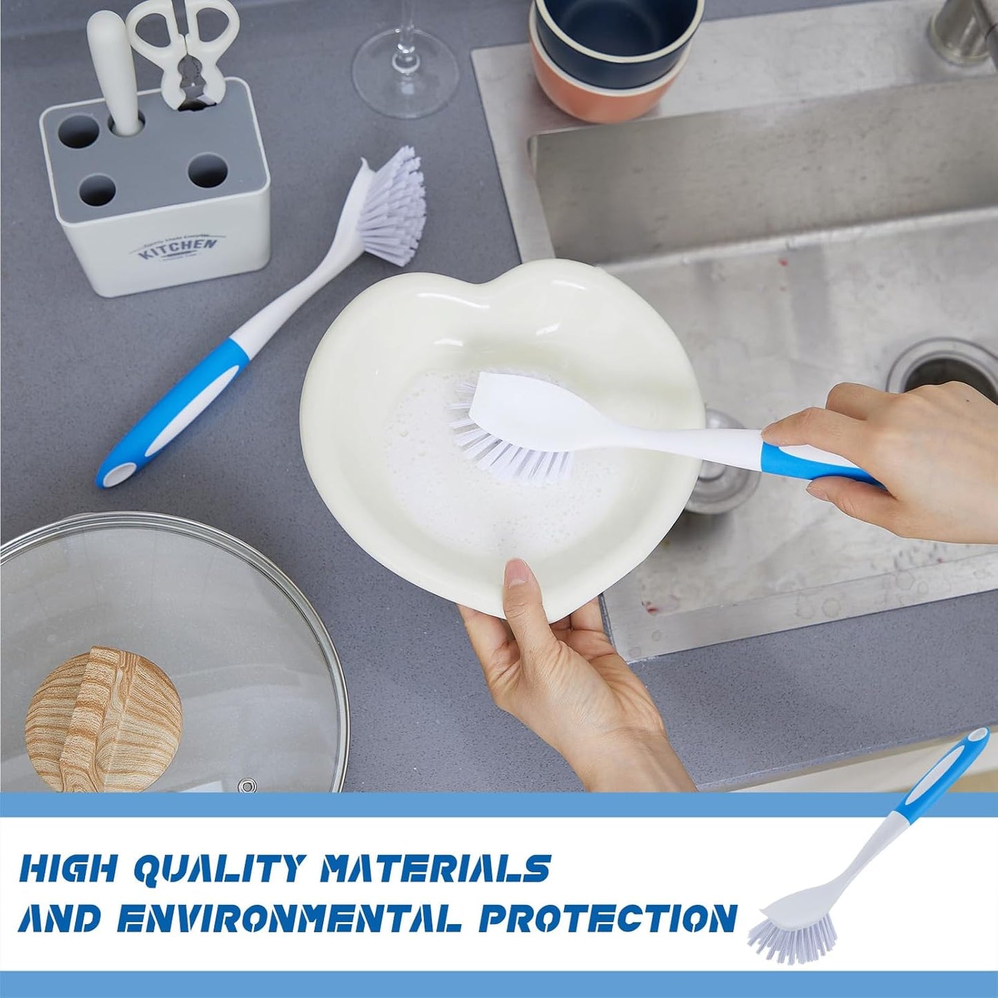 Hsei 6 Pcs Blue Kitchen Scrub Dish Brush Bulk with 11 Inch Handle Cleaning Dish Scrubber with Stiff Bristles Washing Scrub Brushes for Housekeeping for Pots and Pans, Kitchen Sink