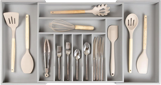 Premium Silverware, Flatware and Utensil Organizer for Kitchen Drawers, Food-Safe Contract Grade, Expandable from 18 to 33 In, Gray Bamboo