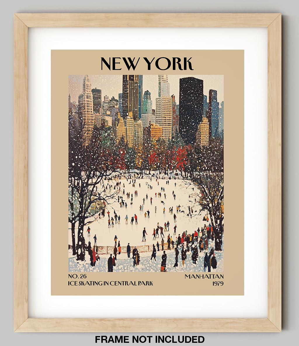 Retro Vintage New York Wall Art Print - 11x14 Unframed Poster - New York City Souvenirs, Cute Trendy Colorful Wall Decor (Ice Skating in Central Park, 11x14")