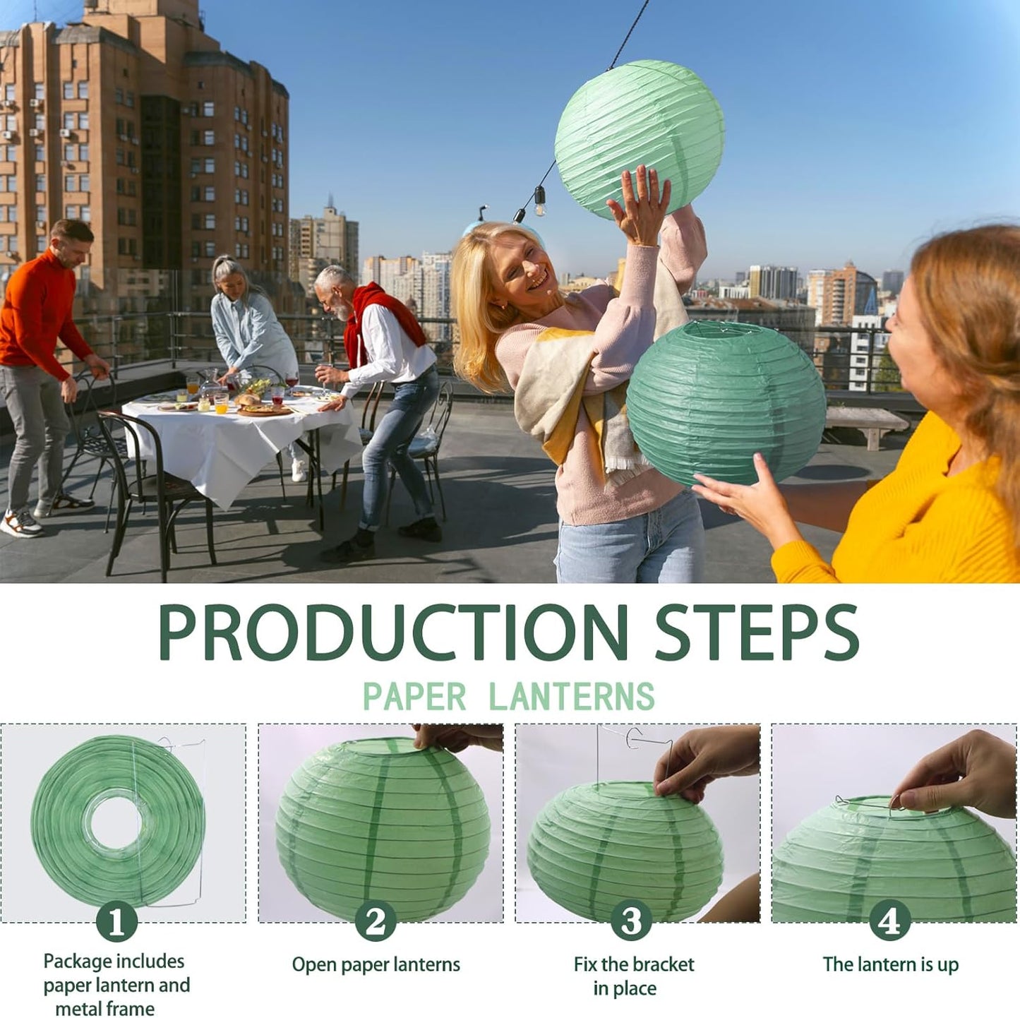 Paper Lanterns Decorative, Round Paper Lanterns Decorations Sage Green/Forest Green/Gold/White for Rustic Party Birthday Party Bachelorette Engagement Wedding Baby Shower 15pcs