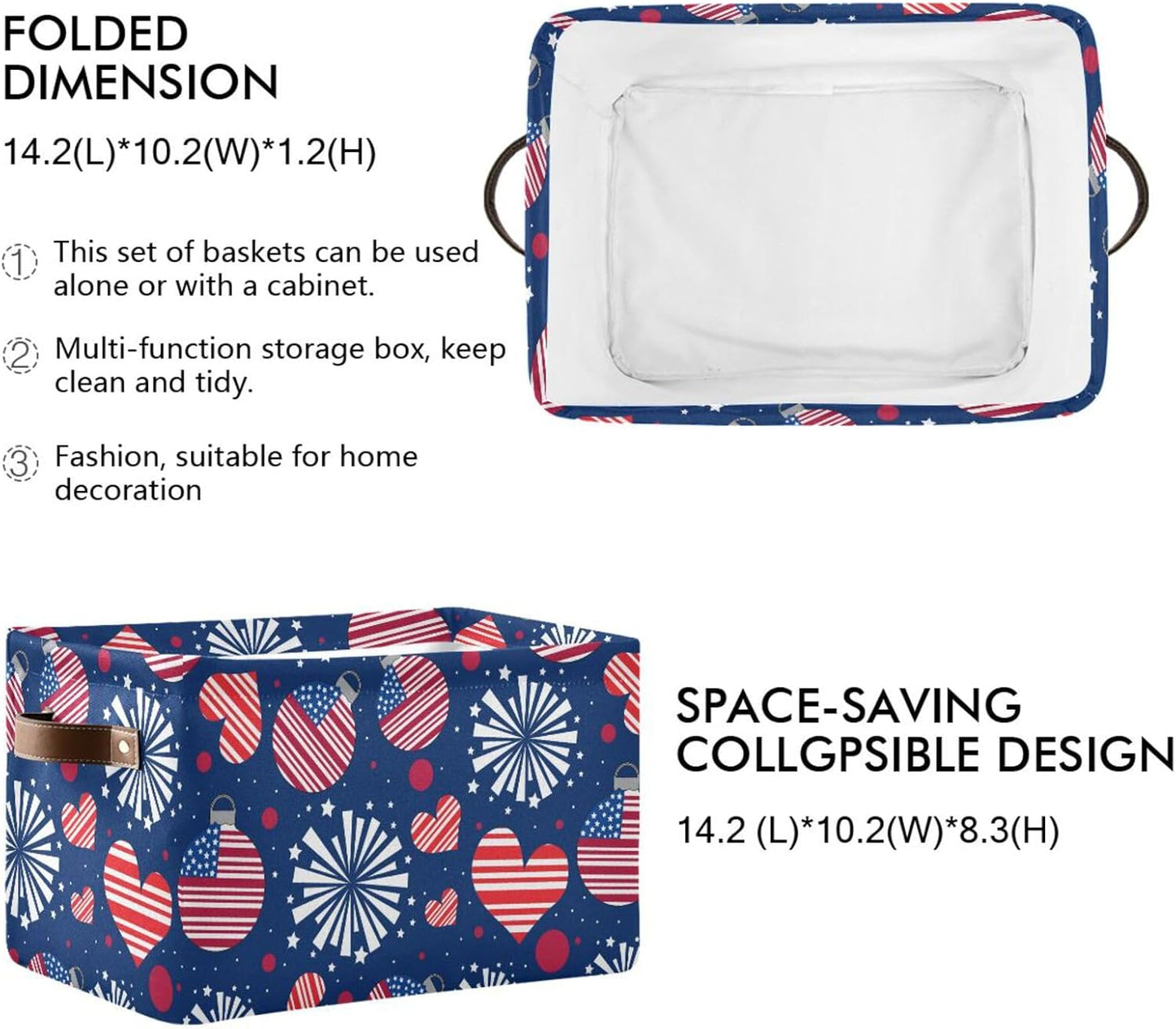 susiyo July 4th Storage Bins,2 PACK Storage Basket with Handles Large Foldable Fabric Collapsible Storage Bins Organizer Bag for Storage