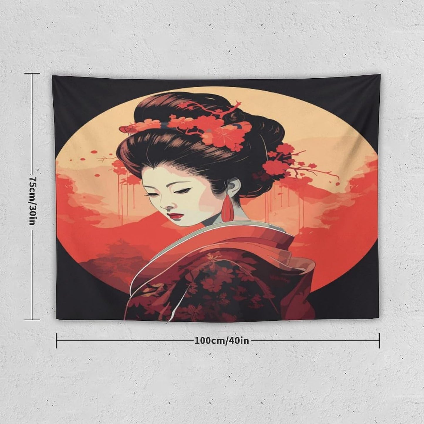 Japanese Woman Geisha Tapestry Asian Cherry Blossom Red Sun Traditional Kimono Folk Tapestries Home Decor for Living Room Bedroom Apartment Farmhouse Dorm 40"x30"