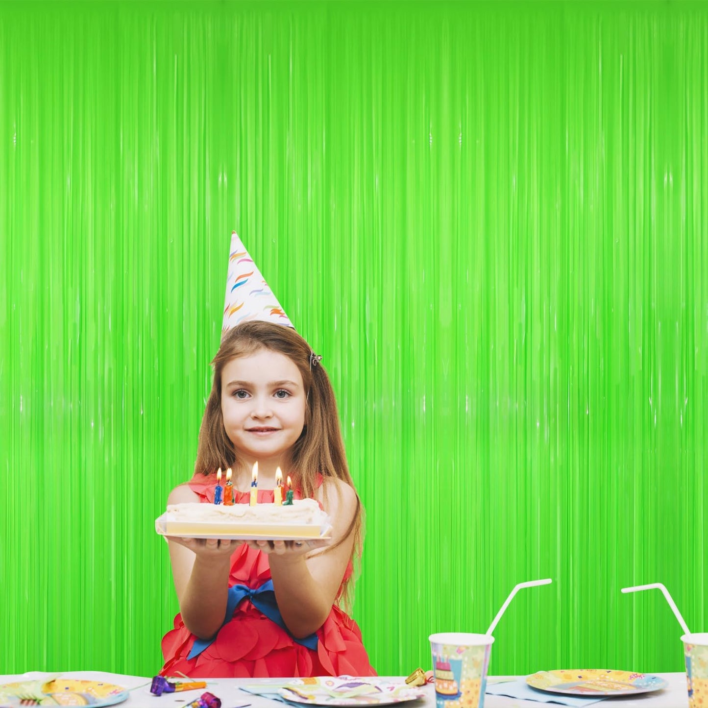 GOER 3.2 ft x 8.2 ft Metallic Tinsel Foil Fringe Curtains Party Photo Backdrop Party Streamers for Birthday,Graduation,New Year Eve Decorations Wedding Decor(1 Pack,Candy Lime Green)