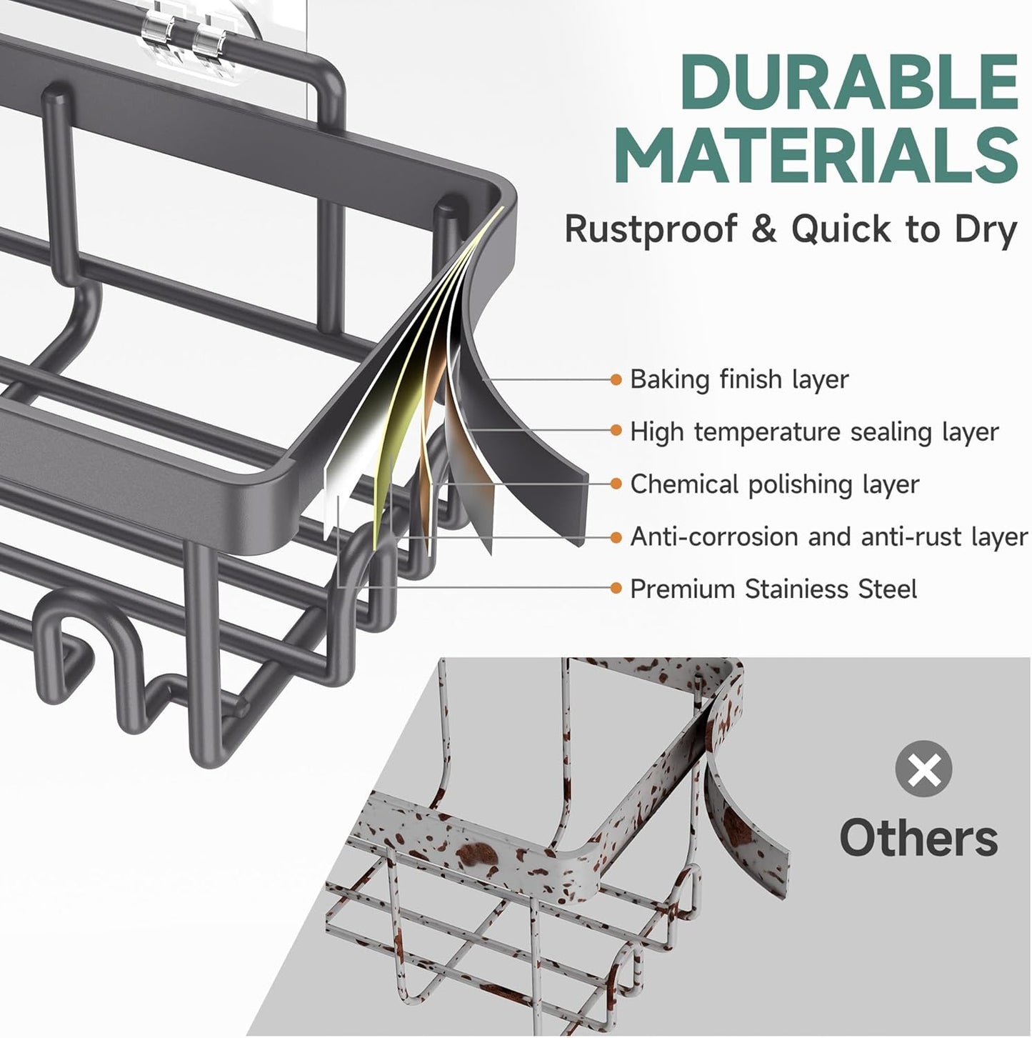 Veken Rustproof & Waterproof Shower Caddy 6-Pack, No Drilling Adhesive Shelves Rack with Soap Holder, Large Capacity Bathroom Organizers and Storage, Wall-Mounted Kitchen & Home Decor, Dark Grey