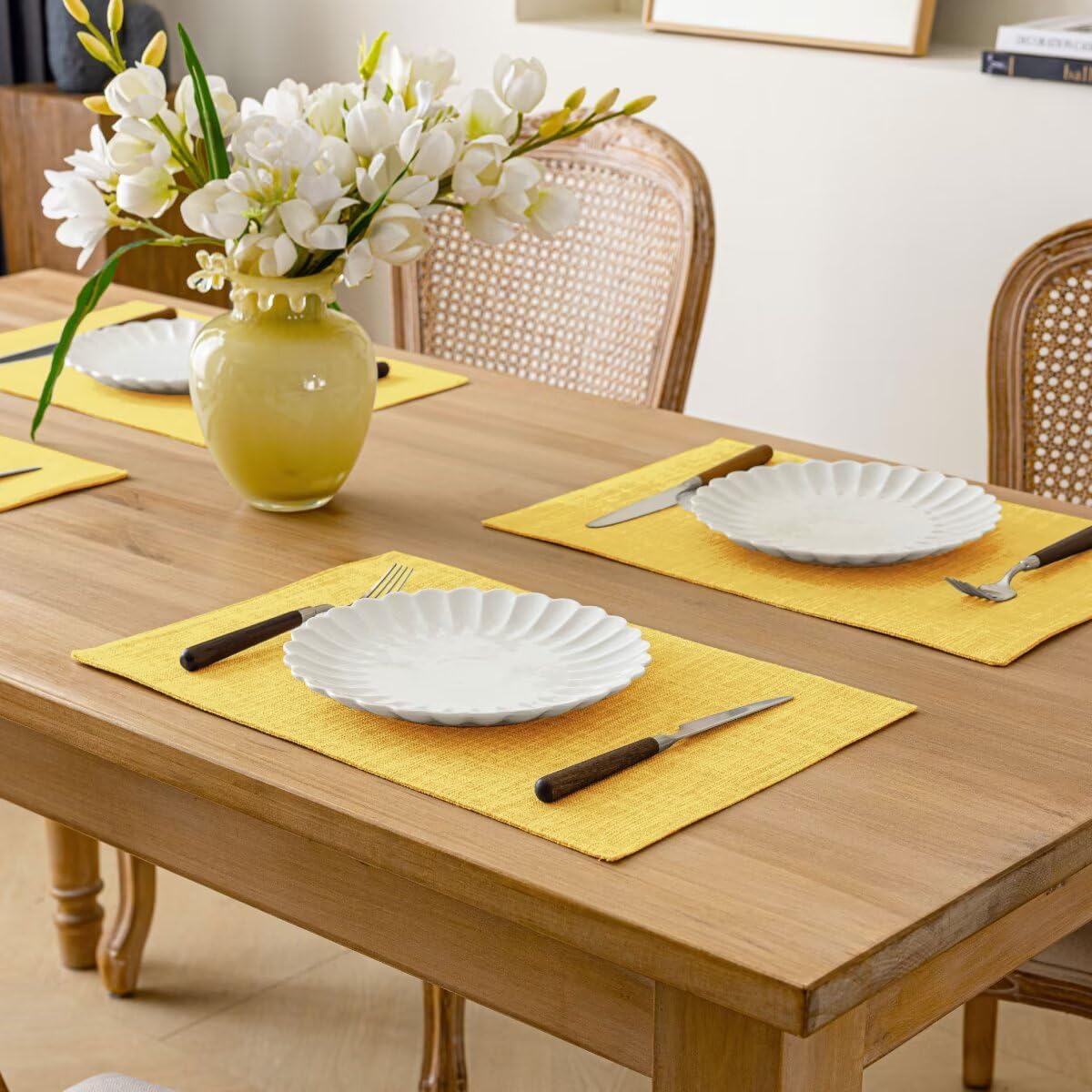 Placemats Set of 6, Bilayer Thickened Linen Place Mats Heat Resistant Machine Washable Wrinkle Free Carefully Selected Polyester Mats for Kitchen/Dining/Coffee Table (Yellow)