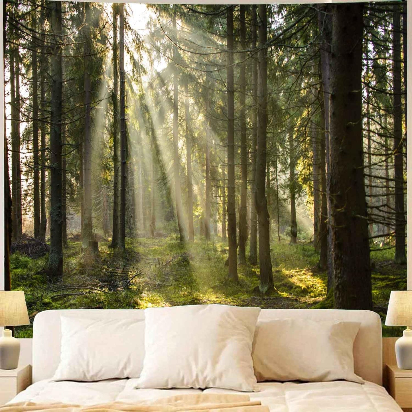 Onivein Forest Tapestry Nature Sunlight Streaming Through Green Trees Wall Hanging for Bedroom Living Room Office Decor 90 x 70 Inches