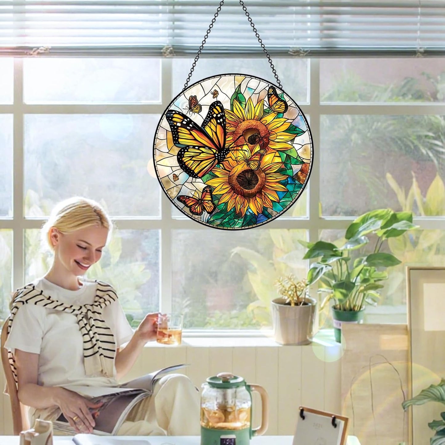 Stained Glass Window Hanging – Double-Sided Glass Sun Catcher with Chain – Memorial Window Art Panel for Home Décor, Spiritual Comfort, and All-Occasion Gifting