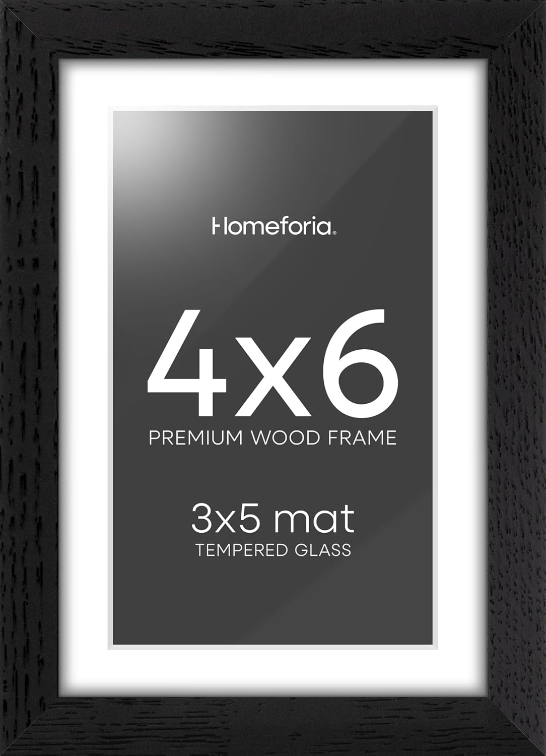 Homeforia 4x6 Picture Frame Black Wood, High End Oak 4by6 Black Wooden Frames with Mat 3x5 Print, 4 x 6 Frame Matted to 3 x 5 inch Photo, 6x4 Wall or Tabletop Frame, Tempered Glass, Wall Kit, Set of 1