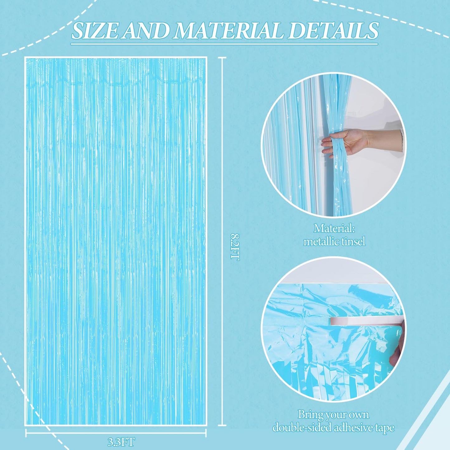 3 Pack Foil Fringe Backdrop - Pastel Blue Shiny Tinsel Curtains for Party Decoration/Photo Booth Props - 3.3x8.2 FT Metallic Foil Backdrop for Birthday, Wedding, Graduation, Christmas.