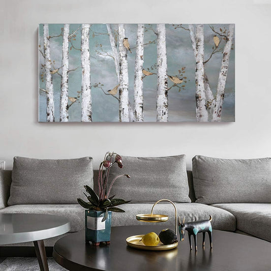 amatop Large Tree Wall Art Hand-Painted Landscape Forest Oil Painting Gallery Wrapped Framed Canvas Gold Bird Artwork 'White Birch at Night' for Living Room Bedroom Office Decor Teal White 48"x24"