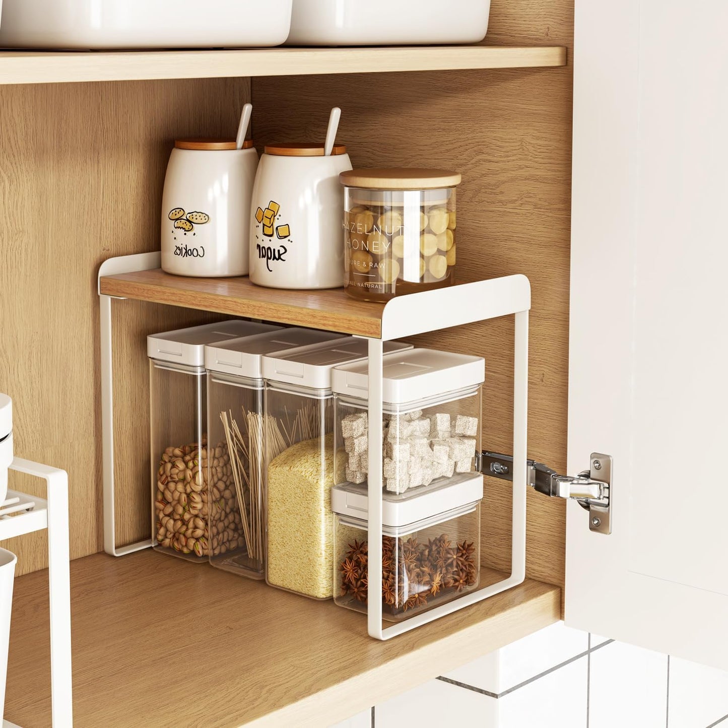 Mitus Shelf Organizer and Storage, Tiered Wood Cabinet Rack for The Kitchen Counter, Bathroom Counter, Pantry Cupboard, Office Desk Bookshelf, 12" Wide Natural and White