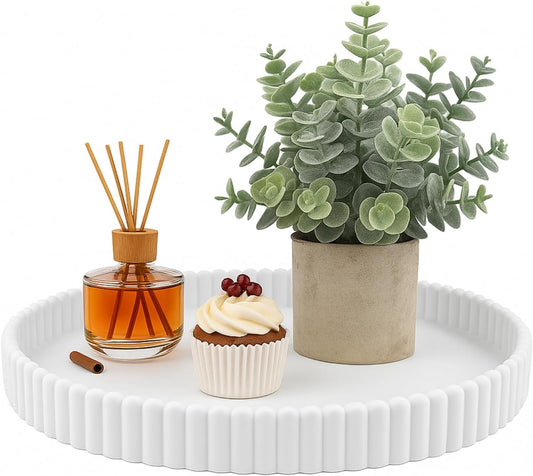 11.8in Decorative Tray for Coffee Table Decor- Modern Oval Concrete Tray for Home Decor- Minimalist Handcrafted Centerpieces Tray for Living Room, Kitchen Dining Table, Entryway (White)