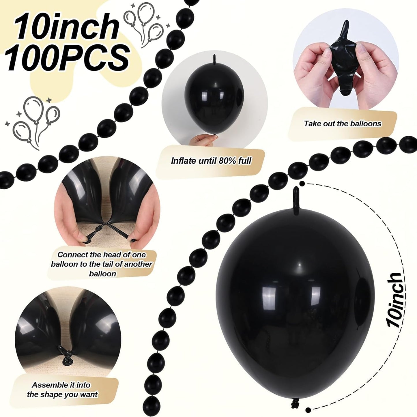 Black Linking Balloons, 100PCS Linked Balloon with Tail for Balloon Wall Arch and Chains, Quick Linkable Balloons for Wedding Birthday Baby Shower Engagement Graduation Party Decorations (10inch)