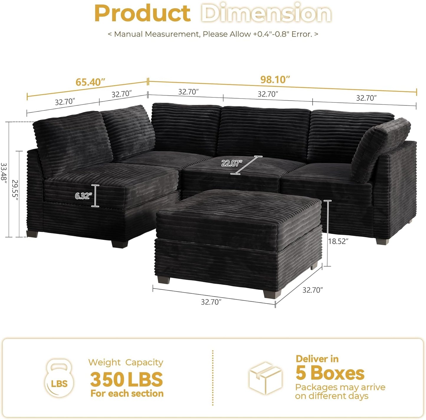 HOOOWOOO Modular Sectional Sofa,5 Pieces Sectional Couches for Living Room,98X55 L Shaped Cloud Couch with Ottoman Chaise Set(Black Velvet Corduroy)