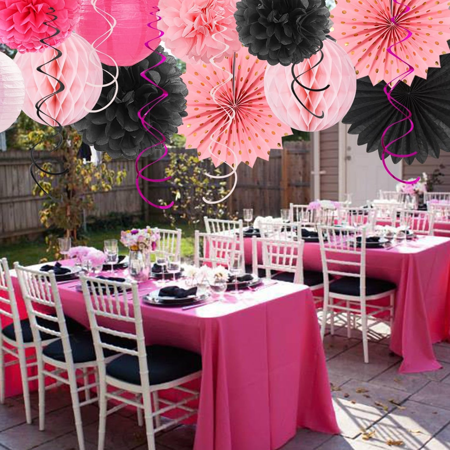 Hot-Pink Black Girls-Women Birthday Party-Decorations - 21pcs Baby Happy Banner, Paper Streamers Lanterns,Tissue Pom Poms Fan,Backdrop Decor Huglony
