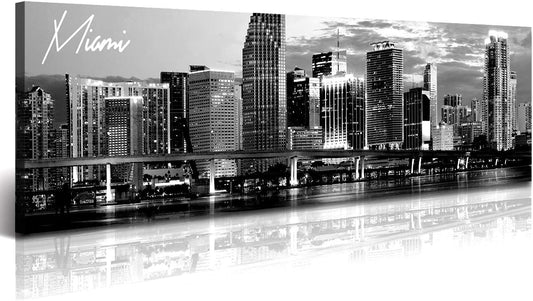 DJSYLIFE Miami Skyline Wall Art Decor Panoramic Cityscape Picture Modern USA City Night View Canvas Prints for Bedroom Office Living Room Decoration Stretched and Framed Ready to Hang 13.8"x47.3"