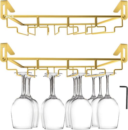 AUHOKY Adjustable Wine Glass Holder Under Shelf, Nail Free Metal Stemware Holder Storage Hanger, Hanging Wine Glasses Rack Organizer Under Cabinet Mount for Bar Kitchen (4 Rows, Gold)