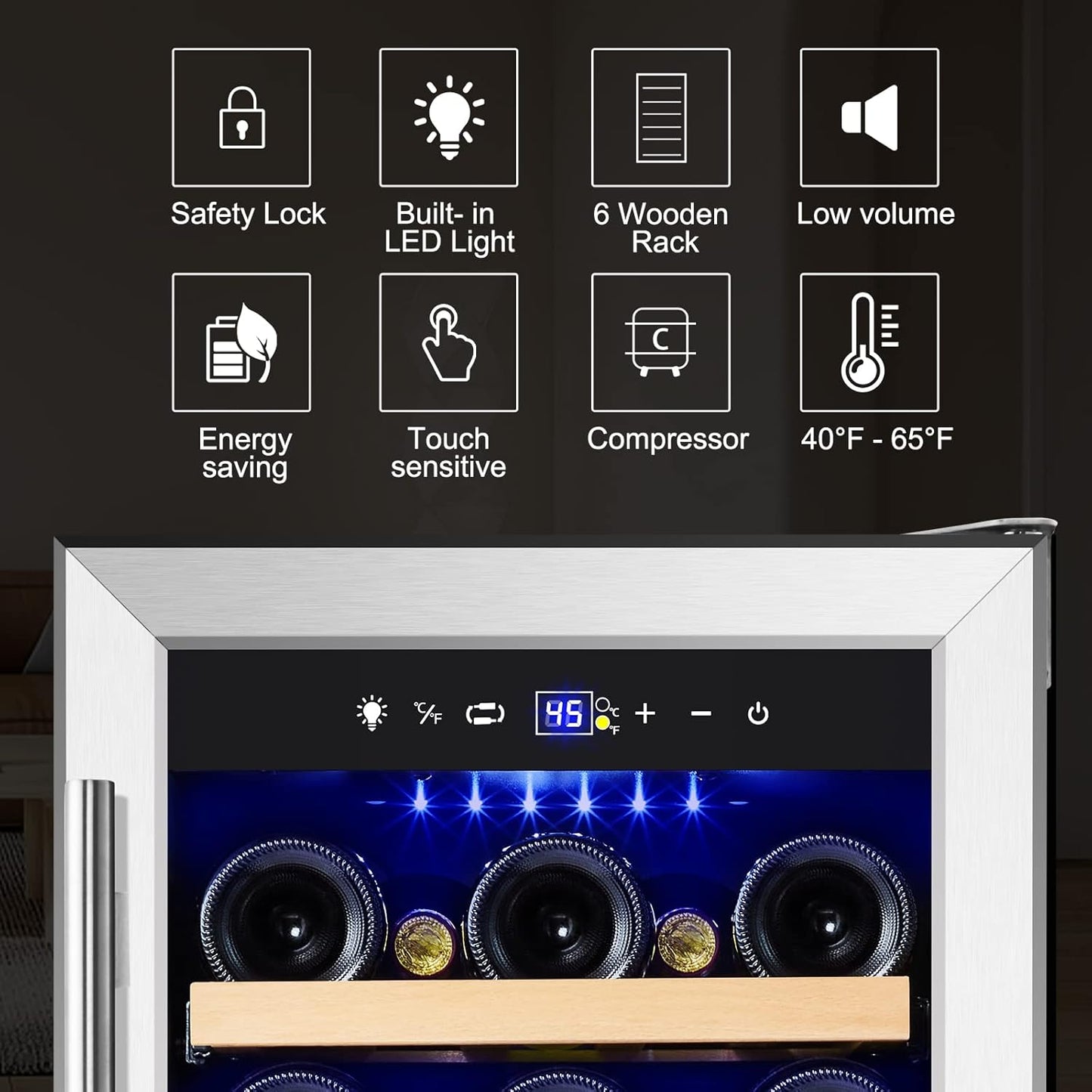 Tylza 15 Inch Wine Cooler Under Counter, 33 Bottle Built-in Wine Fridge with Stainless Steel Tempered Glass Door, Temp Memory Function, Freestanding Fast Cooling Wine refrigerator, Quiet Operation