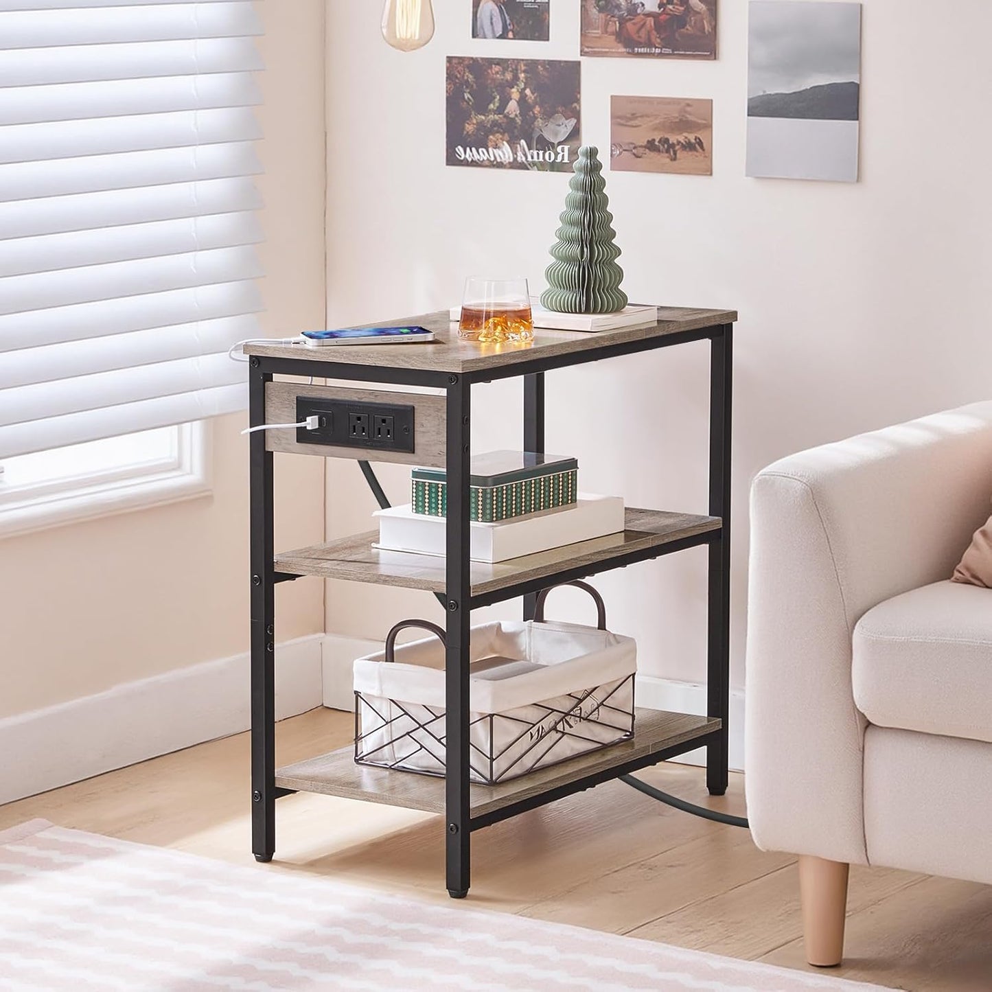 HOOBRO End Table with Charging Station, Simple Rustic Side Table with 3-Tier Storage Shelf, Narrow Nightstand for Small Spaces, for Living Room, Industrial Design, Greige and Black BG149UBZ01
