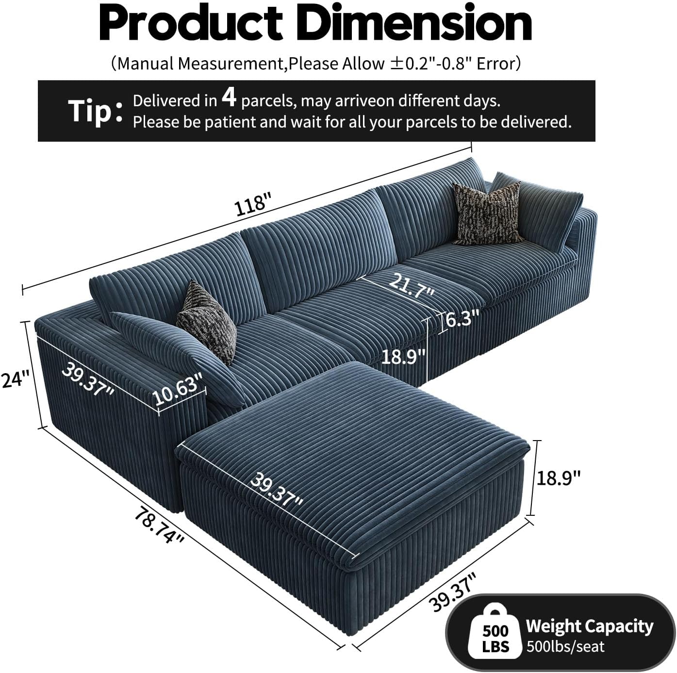 118" Cloud Couch Modular Sectional Sofa for Living Room,Modern Sofa with Deep Seat，L-Shape Boneless Couch with Ottoman,Comfy Upholstered Corduroy Couches for Apartment, Studio, Office,Bedroom，Blue