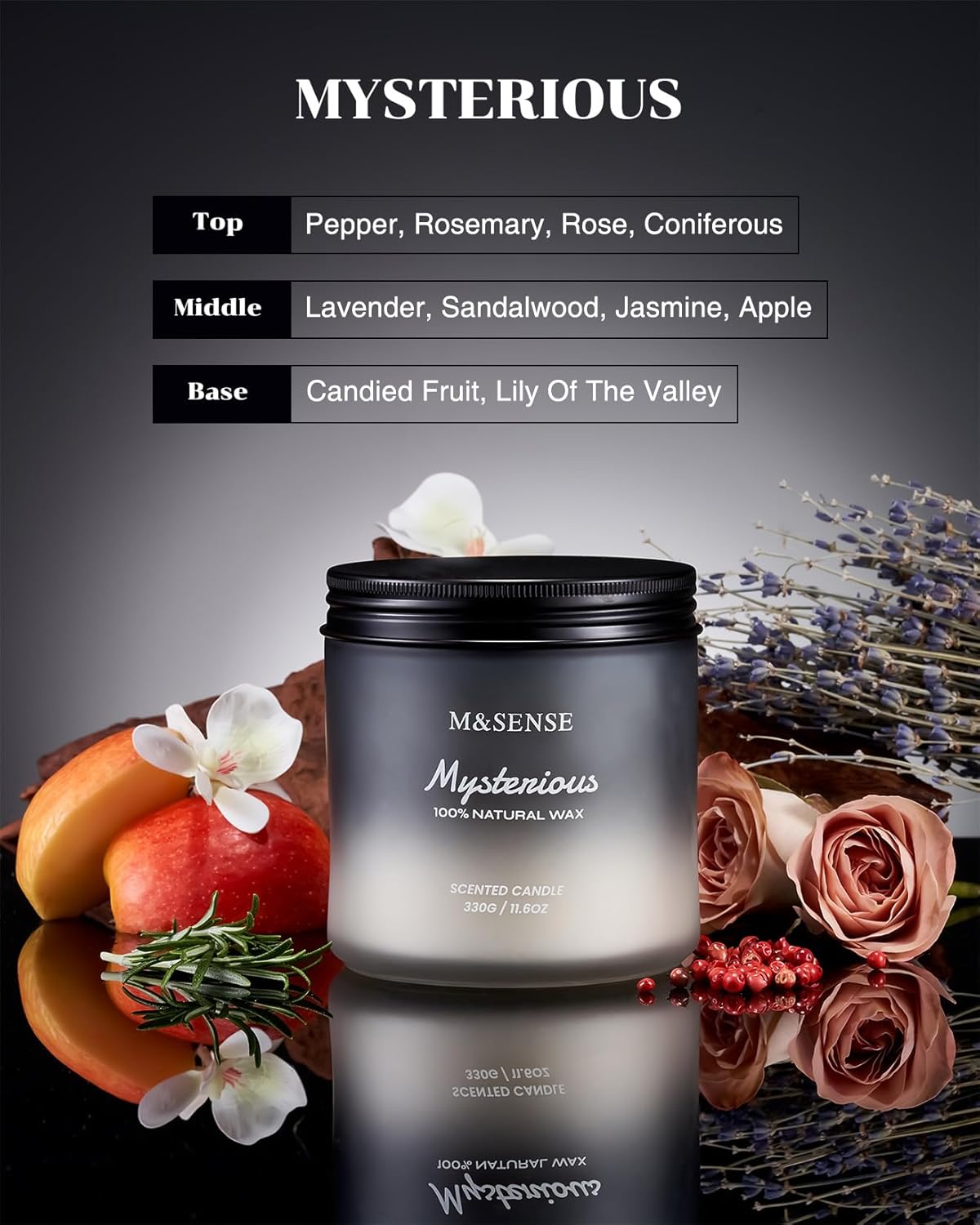 M&SENSE Pepper Lavender Scented Candles for Men, 2 Wick 11.6oz 70 Hours Slow Burning Natural Soy Candle for Christmas, Organic Black Masculine Candles Home Fragrance Holiday Candle for Him