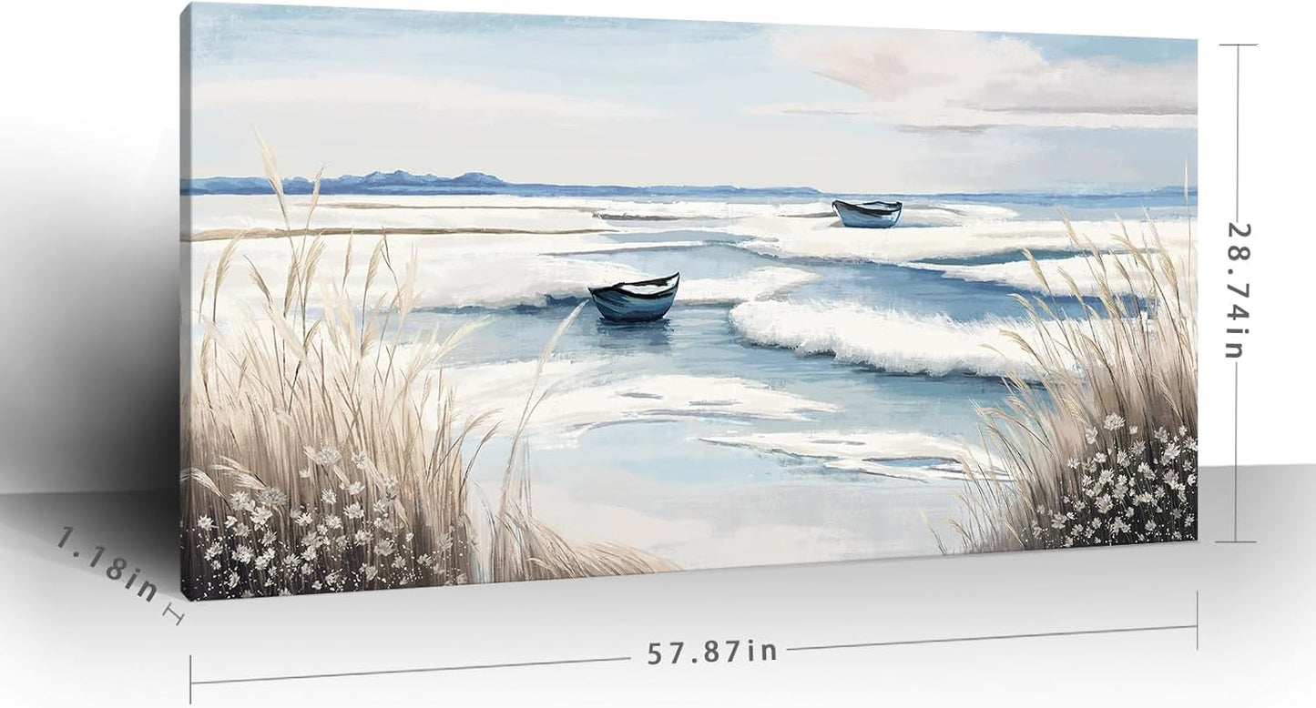 amatop Extra Large Wall Art for Living Room –Big Coastal Beach Minimalist Canvas Artwork with Sailboat Ocean Waves and Reeds Nautical Seascape Picture for Bedroom Decor Blue58x29 Inch
