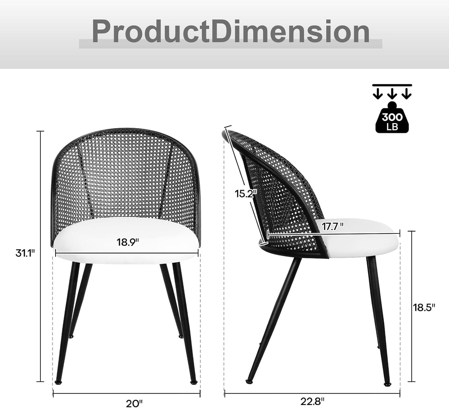 Rattan Dining Chairs Set of 4, Faux Leather Upholstered Dining Chairs with Black Cane Back, Mid-Century Modern Farmhouse Armless Accent Chairs for Kitchen Dining Room, Restaurant, White