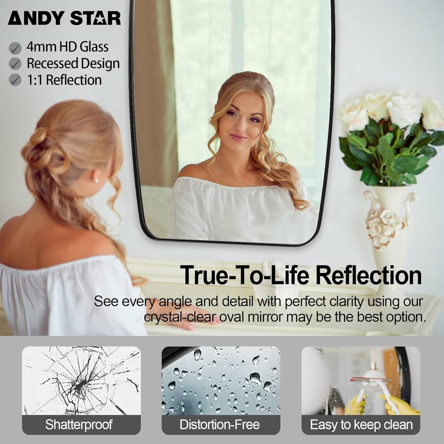 ANDY STAR Black Oval Mirrors for Bathroom, Large 24x36’’ Matte Black Metal Framed Oblong Wall Mirror, Modern Black Vanity Mirror in Stainless Steel Frame Wall Mount Horizontal or Vertical